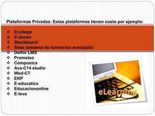 Plataformas Privadas: Estas plataformas tienen costo por ejemplo:
 Ecollege
 E-doceo
 Blackboard
 Sitea (sistema de formación avanzada)
 Delfor LMS
 Prometeo
 Composica
 Ava-C14 studio
 Wed-CT
 EKP
 E-educatica
 Educaciononline
 E-leva
 