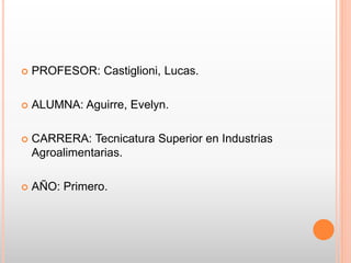  PROFESOR: Castiglioni, Lucas.
 ALUMNA: Aguirre, Evelyn.
 CARRERA: Tecnicatura Superior en Industrias
Agroalimentarias.
 AÑO: Primero.
 