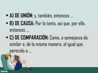 • A) DE UNIÓN: y, también, entonces …
• B) DE CAUSA: Por lo tanto, así que, por ello,
  entonces …
• C) DE COMPARACIÓN: Como, a semejanza de,
  similar a, de la misma manera, al igual que,
  parecido a …
 