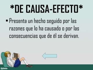 *DE CAUSA-EFECTO*
• Presenta un hecho seguido por las
  razones que lo ha causado o por las
  consecuencias que de él se derivan.
 