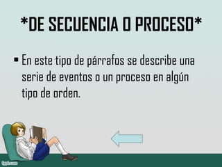 *DE SECUENCIA O PROCESO*
• En este tipo de párrafos se describe una
  serie de eventos o un proceso en algún
  tipo de orden.
 