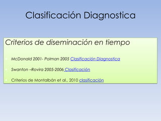Clasificación Diagnostica
Criterios de diseminación en tiempo


McDonald 2001- Polman 2005 Clasificación Diagnostica



Swanton –Rovira 2005-2006 Clasificación



Criterios de Montalbán et al., 2010 clasificación

 