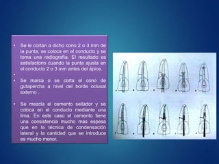 • Se le cortan a dicho cono 2 o 3 mm de
la punta, se coloca en el conducto y se
toma una radiografía. El resultado es
satisfactorio cuando la punta ajusta en
el conducto 2 o 3 mm antes del ápice.
•
• Se marca o se corta el cono de
gutapercha a nivel del borde oclusal
externo .
• Se mezcla el cemento sellador y se
coloca en el conducto mediante una
lima. En este caso el cemento tiene
una consistencia mucho mas espesa
que en la técnica de condensación
lateral y la cantidad que se introduce
es mucho menor.
 
