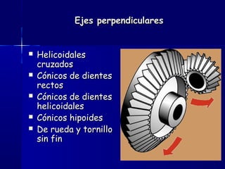 Ejes perpendicularesEjes perpendiculares
 HelicoidalesHelicoidales
cruzadoscruzados
 Cónicos de dientesCónicos de dientes
rectosrectos
 Cónicos de dientesCónicos de dientes
helicoidaleshelicoidales
 Cónicos hipoidesCónicos hipoides
 De rueda y tornilloDe rueda y tornillo
sin finsin fin
 