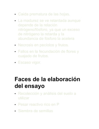 • Caída prematura de las hojas.
• La madurez se ve retardada aunque
depende de la relación
nitrógeno/fósforo, ya que un exceso
de nitrógeno la retarda y la
abundancia de fósforo la acelera
• Necrosis en pecíolos y frutos.
• Fallos en la fecundación de flores y
cuajado de frutos.
• Escaso vigor.
Por exceso
Faces de la elaboración
del ensayo
• Recolección y análisis del suelo a
utilizar
• Pesar reactivo rico en P
• Siembra de semillas
 