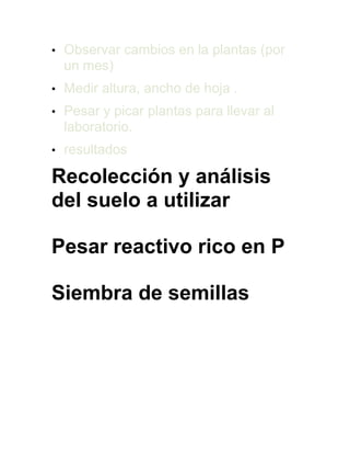 • Observar cambios en la plantas (por
un mes)
• Medir altura, ancho de hoja .
• Pesar y picar plantas para llevar al
laboratorio.
• resultados
Recolección y análisis
del suelo a utilizar
Pesar reactivo rico en P
Siembra de semillas
 