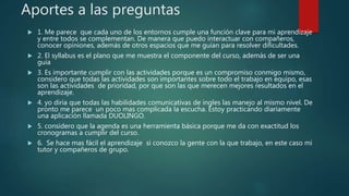 Aportes a las preguntas
 1. Me parece que cada uno de los entornos cumple una función clave para mi aprendizaje
y entre todos se complementan. De manera que puedo interactuar con compañeros,
conocer opiniones, además de otros espacios que me guían para resolver dificultades.
 2. El syllabus es el plano que me muestra el componente del curso, además de ser una
guía
 3. Es importante cumplir con las actividades porque es un compromiso conmigo mismo,
considero que todas las actividades son importantes sobre todo el trabajo en equipo, esas
son las actividades de prioridad, por que son las que merecen mejores resultados en el
aprendizaje.
 4. yo diría que todas las habilidades comunicativas de ingles las manejo al mismo nivel. De
pronto me parece un poco mas complicada la escucha. Estoy practicando diariamente
una aplicación llamada DUOLINGO.
 5. considero que la agenda es una herramienta básica porque me da con exactitud los
cronogramas a cumplir del curso.
 6. Se hace mas fácil el aprendizaje si conozco la gente con la que trabajo, en este caso mi
tutor y compañeros de grupo.
 