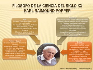 FILOSOFO DE LA CIENCIA DEL SIGLO XX
KARL RAIMOUND POPPER
Filosófica
El punto de partida para la reflexión filosófica
sobre la ciencia, eran las teorías científicas
La Falsación negativa a través de la
experiencia de observaciones y
experimentos, Empirismo las teorías
anteceden a la experimentación como
refutación
Critica el Neopositivismo y Positivismo
Era un Positivismo Lógico
Tres mundos
Vida
Nace en Viena Australia en 1902,
de origen Judío
Fue filosofía y Sociólogo, Profesor
de Matemática y Física
Simpatizó con las ideas del Circulo
de Viena
Muere en Londres el 17 de
septiembre de 1994
Política y Social
Se opuso al sionismo (Sociedad
cerrada)
Militante del partido Comunista
En 1937 con la toma de
posesión de Hitler, Popper se
exilia en Nueva Zelanda
No estaba de acuerdo con el
mercado libre, promulgaba el
intervencionismo
Critica
La Inducción
Comunidad cerrada, poder
absoluto de una persona,
planteada por Platón, Heráclito,
Aristóteles y Hegel
la sabiduría en una sola
persona y comparte la idea del
limite en el campo del
conocimiento, todas estas ideas
de Pericles, Sócrates y
Demócrito
Karl Popper (1991)Javier Echeverría (1989)
 