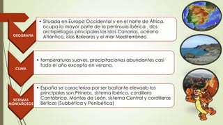 GEOGRAFIA
• Situada en Europa Occidental y en el norte de África,
ocupa la mayor parte de la península ibérica , dos
archipiélagos principales las islas Canarias, océano
Atlántico, islas Baleares y el mar Mediterráneo
CLIMA
• temperaturas suaves, precipitaciones abundantes casi
todo el año excepto en verano.
SISTEMAS
MONTAÑOSOS
• España se caracteriza por ser bastante elevado los
principales son:Pirineos, sistema Ibérico, cordillera
Cantábrica, Montes de León, sistema Central y cordilleras
Béticas (Subbética y Penibética)
 