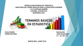 REPIBLICA BOLIVARIANA DE VENEZUELA
MINISTERIO DEL PODER POPULAR PARA LA EDUCACION SUPERIOR
I.U.P SANTIAGO MARIÑO
CATEDRA: ESTADISTICA
INGENIERIA CIVIL
BACHILLER:
JOSE PLANCHART
C.I : 25.301.121
BARCELONA, JUNIO 2016
FACILITADOR:
PEDRO BELTRÁN
TERMINOS BASICOS
EN ESTADISTICA
 