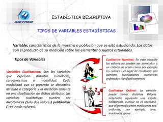 Variable: característica de la muestra o población que se está estudiando. Los datos
son el producto de su medición sobre los elementos o sujetos estudiados
Tipos de Variables
Variables Cualitativas: Son las variables
que expresan distintas cualidades,
características o modalidad. Cada
modalidad que se presenta se denomina
atributo o categoría y la medición consiste
en una clasificación de dichos atributos Las
variables cualitativas pueden ser
dicotómicas (Solo dos valores) politómicas
(tres o más valores).
Cualitativa Nominal: En esta variable
los valores no pueden ser sometidos a
un criterio de orden como por ejemplo
los colores o el lugar de residencia. (no
admiten puntuaciones numéricas
ordenadas significativamente)
Cualitativa Ordinal: La variable
puede tomar distintos Valores
ordenados siguiendo una escala
establecida, aunque no es necesario
que el intervalo entre mediciones sea
uniforme, por ejemplo, leve,
moderado, grave
ESTADÍSTICA DESCRIPTIVA
TIPOS DE VARIABLES ESTADÍSTICAS
 