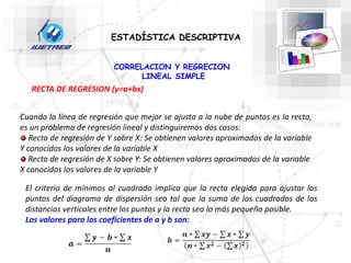 CORRELACION Y REGRECION
LINEAL SIMPLE
ESTADÍSTICA DESCRIPTIVA
Cuando la línea de regresión que mejor se ajusta a la nube de puntos es la recta,
es un problema de regresión lineal y distinguiremos dos casos:
Recta de regresión de Y sobre X: Se obtienen valores aproximados de la variable
Y conocidos los valores de la variable X
Recta de regresión de X sobre Y: Se obtienen valores aproximados de la variable
X conocidos los valores de la variable Y
El criterio de mínimos al cuadrado implica que la recta elegida para ajustar los
puntos del diagrama de dispersión sea tal que la suma de los cuadrados de las
distancias verticales entre los puntos y la recta sea lo más pequeño posible.
Los valores para los coeficientes de a y b son:
RECTA DE REGRESION (y=a+bx)
 