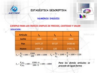 NUMEROS INDICES
ESTADÍSTICA DESCRIPTIVA
EJEMPLO PARA LOS ÍNDICES SIMPLES DE PRECIOS, CANTIDAD Y VALOR
SOLUCION:
Artículo Ip Iq Iv
Leche 1500 120 1800
Pan 1477.27 97.37 1438.40
Huevo 1488.10 120 1785.71
Para los demás artículos se
procede de igual forma
 