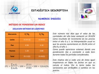 Mercancía P1*Q0 P0*Q0
Leche 19.35 ($) 14.85($)
Pan 4.56 4.18
Huevos 1.20 0.80
Total 25.11($) 19.83($)
ESTADÍSTICA DESCRIPTIVA
NUMEROS INDICES
MÉTODO DE PONDERAR UN INDICE
SOLUCION MÉTODO DE LASPEYRES
Este número nos dice que el valor de las
cantidades del año base aumentó un 26.62%
como resultado de incremento en los precios
entre el año 0 y 1. La interpretación usual es
que los precios aumentaron en 26.6% entre el
año 0 y el año 1.
Como puede apreciarse estamos dando una
ponderación fija o constante a cada bien
durante todos los períodos considerados.
Esto implica dar a cada uno de éstos igual
importancia en todas las fechas en que se
calcula el índice. Por lo tanto todas las
variaciones son atribuibles a cambios en los
precios.
 