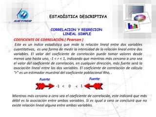 CORRELACION Y REGRECION
LINEAL SIMPLE
ESTADÍSTICA DESCRIPTIVA
COEFICIENTE DE CORRELACIÓN.( Pearson )
Este es un índice estadístico que mide la relación lineal entre dos variables
cuantitativas, es una forma de medir la intensidad de la relación lineal entre dos
variables. El valor del coeficiente de correlación puede tomar valores desde
menos uno hasta uno, -1 < r < 1, indicando que mientras más cercano a uno sea
el valor del coeficiente de correlación, en cualquier dirección, más fuerte será la
asociación lineal entre las dos variables. El coeficiente de correlación de cálculo
“r” es un estimador muestral del coeficiente poblacional Rho, .
Mientras más cercano a cero sea el coeficiente de correlación, este indicará que más
débil es la asociación entre ambas variables. Si es igual a cero se concluirá que no
existe relación lineal alguna entre ambas variables.
-1 1
0
< <
Fuerte
Fuerte
 