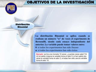 OBJETIVOS DE LA INVESTIGACIÓN

Distribución
Binomial

La distribución Binomial se aplica cuando se
realizan un número "n" de veces el experimento de
Bernouilli, siendo cada ensayo independiente del
anterior. La variable puede tomar valores entre:
0: si todos los experimentos han sido fracaso
n: si todos los experimentos han sido éxitos
Ejemplo: se tira una moneda 10 veces: ¿cuantas caras salen? Si
no ha salido ninguna la variable toma el valor 0; si han salido dos
caras la variable toma el valor 2; si todas han sido cara la variable
toma el valor 10

 