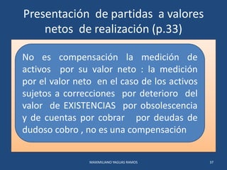 Presentación de partidas a valores
netos de realización (p.33)
MAXIMILIANO YAGUAS RAMOS 37
No es compensación la medición ...