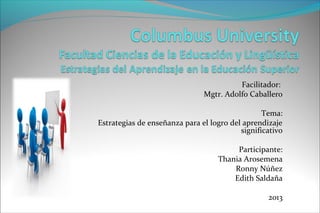 Facilitador:
Mgtr. Adolfo Caballero
Tema:
Estrategias de enseñanza para el logro del aprendizaje
significativo
Participante:
Thania Arosemena
Ronny Núñez
Edith Saldaña
2013
 