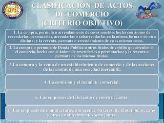  OBJETIVO: Se abandona el carácter subjetivo nacimiento de los Estados Nacionales  asumen la función legislativa mercantil como columna vertebral de actos de comercio.CLASIFICACIÓN  DE  ACTOS DE COMERCIO (CRITERIO OBJETIVO)