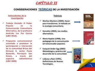 Teóricos
 Maritza Montero (2009), Hacer
para transformar, el método en
la sicología comunitaria.
 González (2003), Los medios
alternativos.
 Mario Kaplún (1998), Una
pedagogía de la comunicación
(el comunicador popular).
 Ezequiel Ander Egg (2005)
Metodología y práctica del
desarrollo de la comunidad.
 LaQuey y Ryer (1995),
Definiciones de Nuevas
Tecnologías.
CAPÍTULO II
CONSIDERACIONES TEÓRICAS DE LA INVESTIGACIÓN
 