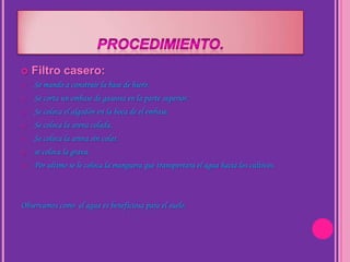     Filtro casero:
1)   Se mando a construir la base de hiero.
2)   Se corta un embase de gaseosa en la parte superior.
3)   Se coloca el algodón en la boca de el embase.
4)   Se coloca la arena colada.
5)   Se coloca la arena sin colar.
6)   se coloca la grava.
7)   Por ultimo se le coloca la manguera que transportara el agua hacia los cultivos.



Observamos como el agua es beneficiosa para el suelo.
 