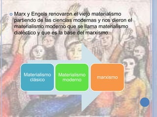  Marx y Engels renovaron el viejo materialismo
partiendo de las ciencias modernas y nos dieron el
materialismo moderno que se llama materialismo
dialéctico y que es la base del marxismo.
Materialismo
clásico
Materialismo
moderno
marxismo
 