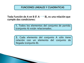 FUNCIONES LINEALES Y CUADRATICAS



Toda Función de A en B (f: A   B), es una relación que
cumple dos condiciones:

       1. Todos los elementos del conjunto de partida
       (conjunto A) están relacionados.


       2. Cada elemento del conjunto A sólo tiene
       relación con un elemento del conjunto de
       llegada (conjunto B).
 