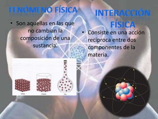• Son aquellas en las que
      no cambian la         • Consiste en una acción
   composición de una         reciproca entre dos
        sustancia.            componentes de la
                              materia.
 
