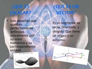 • Son aquellas que
  quedan             Es un segmento de
  perfectamente      recta orientado y
  definidas          dirigido. Que tiene
  únicamente por     un origen y un
  su valor           extremo .
  numérico y su
  correspondiente
  unidad.
 