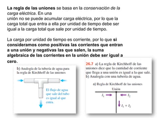 La regla de las uniones se basa en la conservación de la
carga eléctrica. En una
unión no se puede acumular carga eléctrica, por lo que la
carga total que entra a ella por unidad de tiempo debe ser
igual a la carga total que sale por unidad de tiempo.
La carga por unidad de tiempo es corriente, por lo que si
consideramos como positivas las corrientes que entran
a una unión y negativas las que salen, la suma
algebraica de las corrientes en la unión debe ser igual a
cero.
 