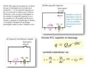 corriente instantánea i es:
Circuito R-C, capacitor en descarga
 
