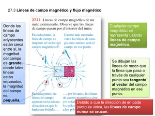 27.3 Líneas de campo magnético y flujo magnético
Cualquier campo
magnético se
representa usando
líneas de campo
magnético,
Se dibujan las
líneas de modo que
la línea que pasa a
través de cualquier
punto sea tangente
al vector del campo
magnético en ese
punto.
Donde las
líneas de
campo
adyacentes
están cerca
entre sí, la
magnitud
del campo
es grande;
donde tales
líneas
están
separadas,
la magnitud
del campo
es
pequeña.
Debido a que la dirección de en cada
punto es única, las líneas de campo
nunca se cruzan.
 