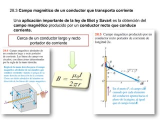 28.3 Campo magnético de un conductor que transporta corriente
Una aplicación importante de la ley de Biot y Savart es la obtención del
campo magnético producido por un conductor recto que conduce
corriente.
Cerca de un conductor largo y recto
portador de corriente
 