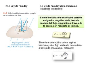 29.2 Ley de Faraday La ley de Faraday de la inducción
establece lo siguiente:
La fem inducida en una espira cerrada
es igual al negativo de la tasa de
cambio del flujo magnético a través de
la espira con respecto al tiempo.
Si se tiene una bobina con N espiras
idénticas y si el flujo varía a la misma tasa
a través de cada espira, entonces:
 
