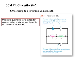 30.4 El Circuito R-L
1.-Crecimiento de la corriente en un circuito R-L
Un circuito que incluye tanto un resistor
como un inductor, y tal vez una fuente de
fem, se llama circuito R-L.
 