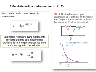 2.-Decaimiento de la corriente en un circuito R-L
La energía necesaria para mantener la
corriente durante este decaimiento
proviene de la energía almacenada en el
campo magnético del inductor.
la corriente i varía con el tiempo de
acuerdo con:
 