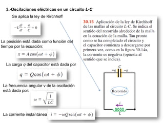 3.-Oscilaciones eléctricas en un circuito L-C
Se aplica la ley de Kirchhoff
La posición está dada como función del
tiempo por la ecuación:
La carga q del capacitor está dada por
La frecuencia angular v de la oscilación
está dada por:
La corriente instantánea i
 
