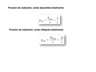 Presión de radiación, onda absorbida totalmente
Presión de radiación, onda reflejada totalmente
 