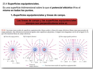 23.4 Superficies equipotenciales.
1.-Superficies equipotenciales y líneas de campo.
Las líneas de campo y las superficies equipotenciales
siempre son perpendiculares entre sí.
Es una superficie tridimensional sobre la que el potencial eléctrico V es el
mismo en todos los puntos.
 