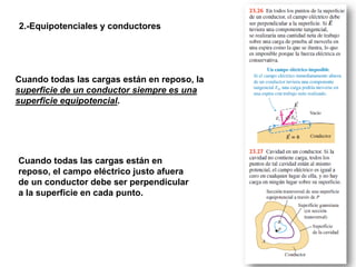 2.-Equipotenciales y conductores
Cuando todas las cargas están en reposo, la
superficie de un conductor siempre es una
superficie equipotencial.
Cuando todas las cargas están en
reposo, el campo eléctrico justo afuera
de un conductor debe ser perpendicular
a la superficie en cada punto.
 