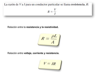 Relación entre la resistencia y la resistividad.
Relación entre voltaje, corriente y resistencia.
 