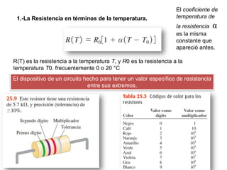 R(T) es la resistencia a la temperatura T, y R0 es la resistencia a la
temperatura T0. frecuentemente 0 o 20 °C
El coeficiente de
temperatura de
la resistencia α
es la misma
constante que
apareció antes.
1.-La Resistencia en términos de la temperatura.
El dispositivo de un circuito hecho para tener un valor específico de resistencia
entre sus extremos.
 