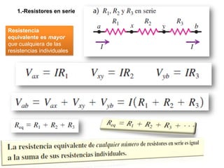 1.-Resistores en serie
Resistencia
equivalente es mayor
que cualquiera de las
resistencias individuales
 