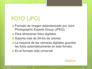 FOTO (JPG)
 Formato de imagen estandarizado por Joint
Photographic Experts Group (JPEG),
 Para almacenar fotos digitales
 Soporta más de 24-bis de colores
 La mayoría de las cámaras digitales guardan
las fotos automáticamente en este fomato.
 Es el formato más universal
ESQUEMA
 