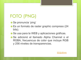 FOTO (PNG)
 Se pronuncia ‘ping’
 Es un formato de raster graphic compreso (24
bits).
 Se usa para la WEB y aplicaciones gráficas.
 Se adicionó el llamado Alpha Channel o el
RGBA, frecuencua de color que incluye RGB
y 256 niveles de transparencias.
ESQUEMA
 