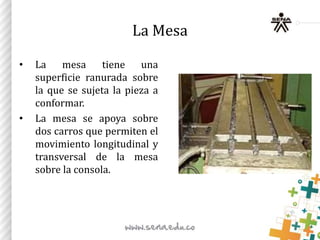 La Mesa
• La mesa tiene una
superficie ranurada sobre
la que se sujeta la pieza a
conformar.
• La mesa se apoya sobre
dos carros que permiten el
movimiento longitudinal y
transversal de la mesa
sobre la consola.
 