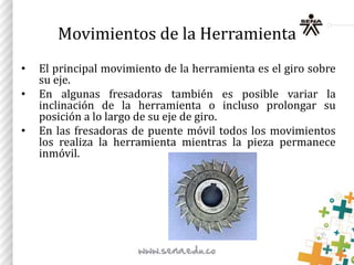 Movimientos de la Herramienta
• El principal movimiento de la herramienta es el giro sobre
su eje.
• En algunas fresadoras también es posible variar la
inclinación de la herramienta o incluso prolongar su
posición a lo largo de su eje de giro.
• En las fresadoras de puente móvil todos los movimientos
los realiza la herramienta mientras la pieza permanece
inmóvil.
 
