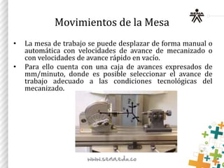 Movimientos de la Mesa
• La mesa de trabajo se puede desplazar de forma manual o
automática con velocidades de avance de mecanizado o
con velocidades de avance rápido en vacío.
• Para ello cuenta con una caja de avances expresados de
mm/minuto, donde es posible seleccionar el avance de
trabajo adecuado a las condiciones tecnológicas del
mecanizado.
 
