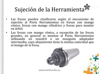 Sujeción de la Herramienta
• Las fresas pueden clasificarse según el mecanismo de
sujeción al Porta Herramientas en fresas con mango
cónico, fresas con mango cilíndrico y fresas para montar
en árbol.
• Las fresas con mango cónico, a excepción de las fresas
grandes, en general se montan al Porta Herramientas
utilizando un mandril o un manguito adaptador
intermedio, cuyo alojamiento tiene la misma conicidad que
el mango de la fresa.
 