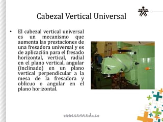 Cabezal Vertical Universal
• El cabezal vertical universal
es un mecanismo que
aumenta las prestaciones de
una fresadora universal y es
de aplicación para el fresado
horizontal, vertical, radial
en el plano vertical, angular
(inclinado) en un plano
vertical perpendicular a la
mesa de la fresadora y
oblicuo o angular en el
plano horizontal.
 
